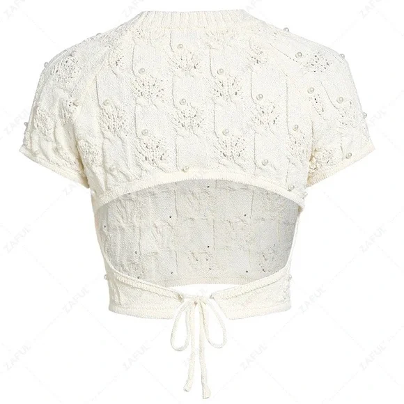 Zara Open Back Pearl Embellished Knit Crop Short Sleeve Top - Picture 10 of 11